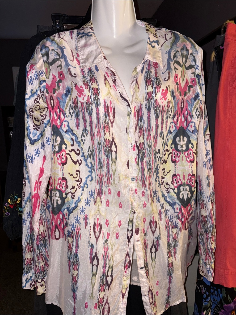 Johnny Was Cream Button-Down Blouse with Pink & Blue Ikat Print